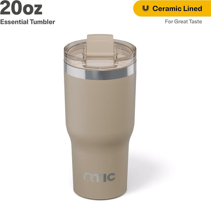 RTIC 20oz Essential Tumbler with Lid, Ceramic Lined, Insulated, Stainless Steel, Metal, Double Wall Vacuum-Insulation, Travel Cup for Iced Coffee, Tea, Hot and Cold Drink, Graphite