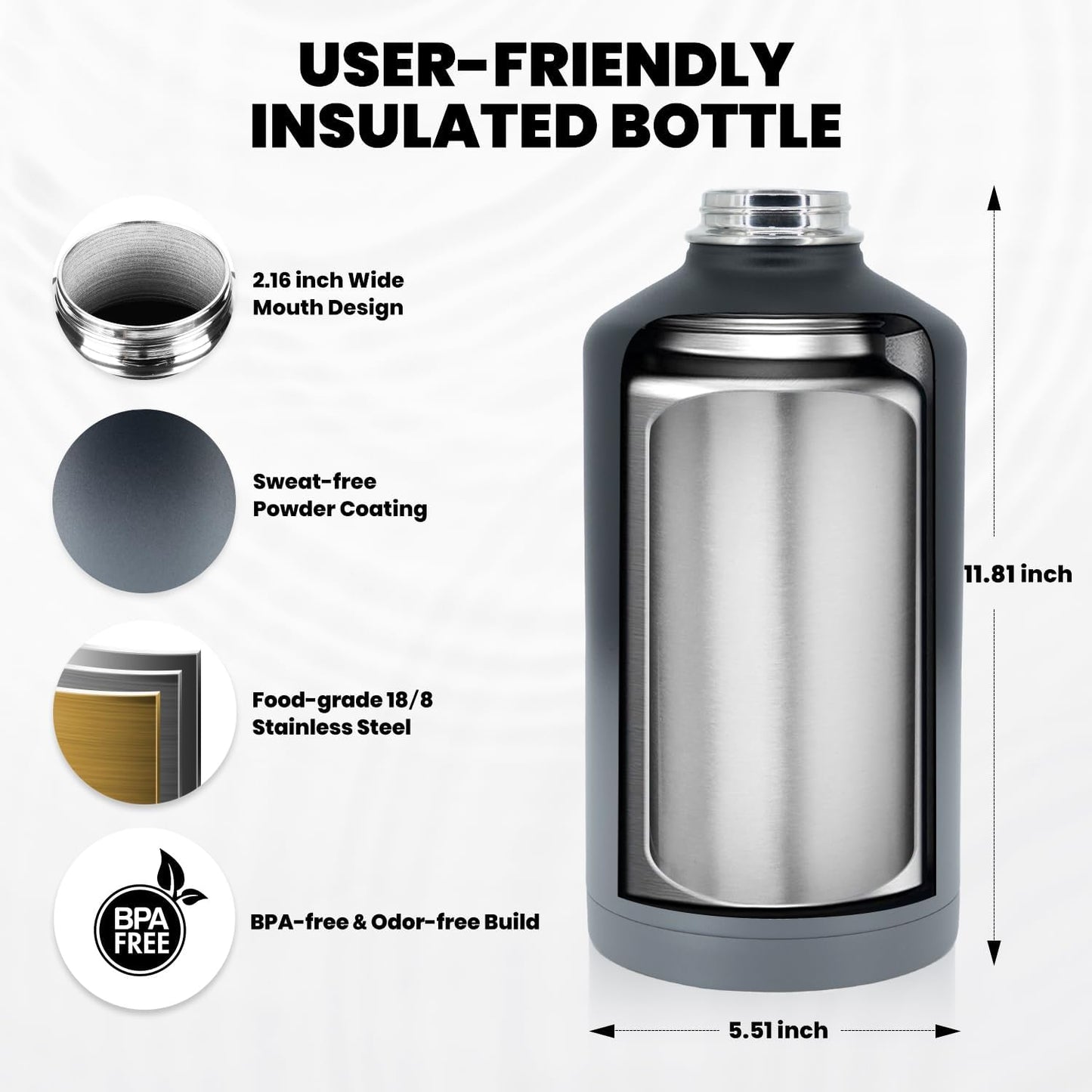 RAYMYLO One Gallon Water Bottle Insulated, Triple Walled Vacuum Stainless Steel (Cold for 48 Hrs), Leak Proof & Non-BPA, Large Water Flask Jug with Paracord Handle & Straw Spout Lids