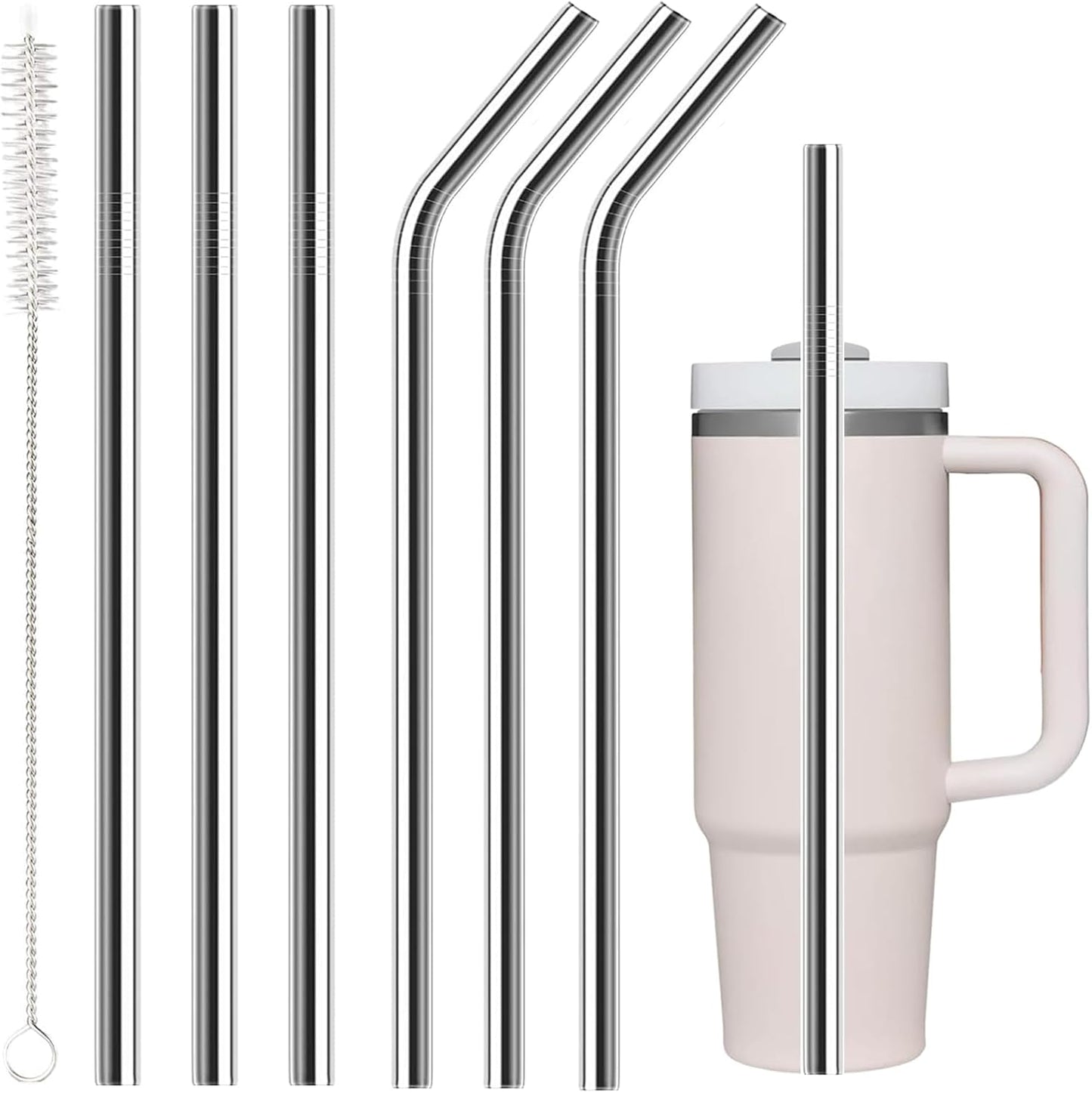 6 Pack Stainless Steel Straw Replacement 40 oz for Stanley Tumbler,3 Straight + 3 Curved Reusable Straws with Cleaning Brush, Compatible for 40oz Stanley Cup Tumbler