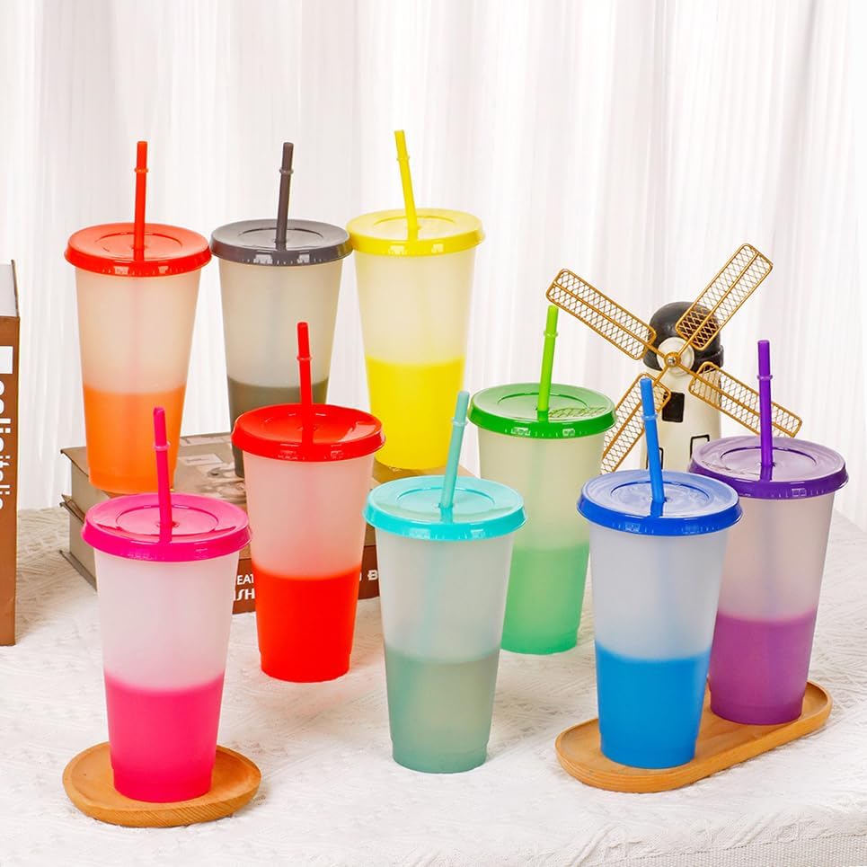 Color Changing Cups, 5 Pack 24oz Plastic Tumblers, Reusable Iced Coffee & Smoothie Cups with Lids and Straws for Parties and Travel