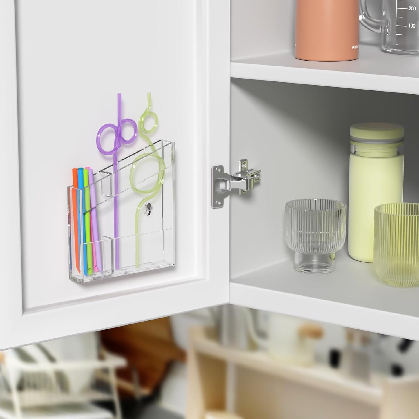 Acrylic Straw Holder for Cabinet - 9.5 Inch Clear Reusable Straw Organizer Dispenser with Ultra Sticky Adhesive Tapes, Slanted Kitchen Accessories Container Cupboard Door Mounted
