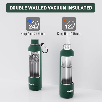 Exllena Slim Insulated Water Bottles for Travel 18oz with Clip, Double Wall Vacuum Stainless Steel Water Bottle Keeps Drinks Cold 24 Hrs/Hot 12 Hrs, 100% Leakproof, BPA Free(Black)