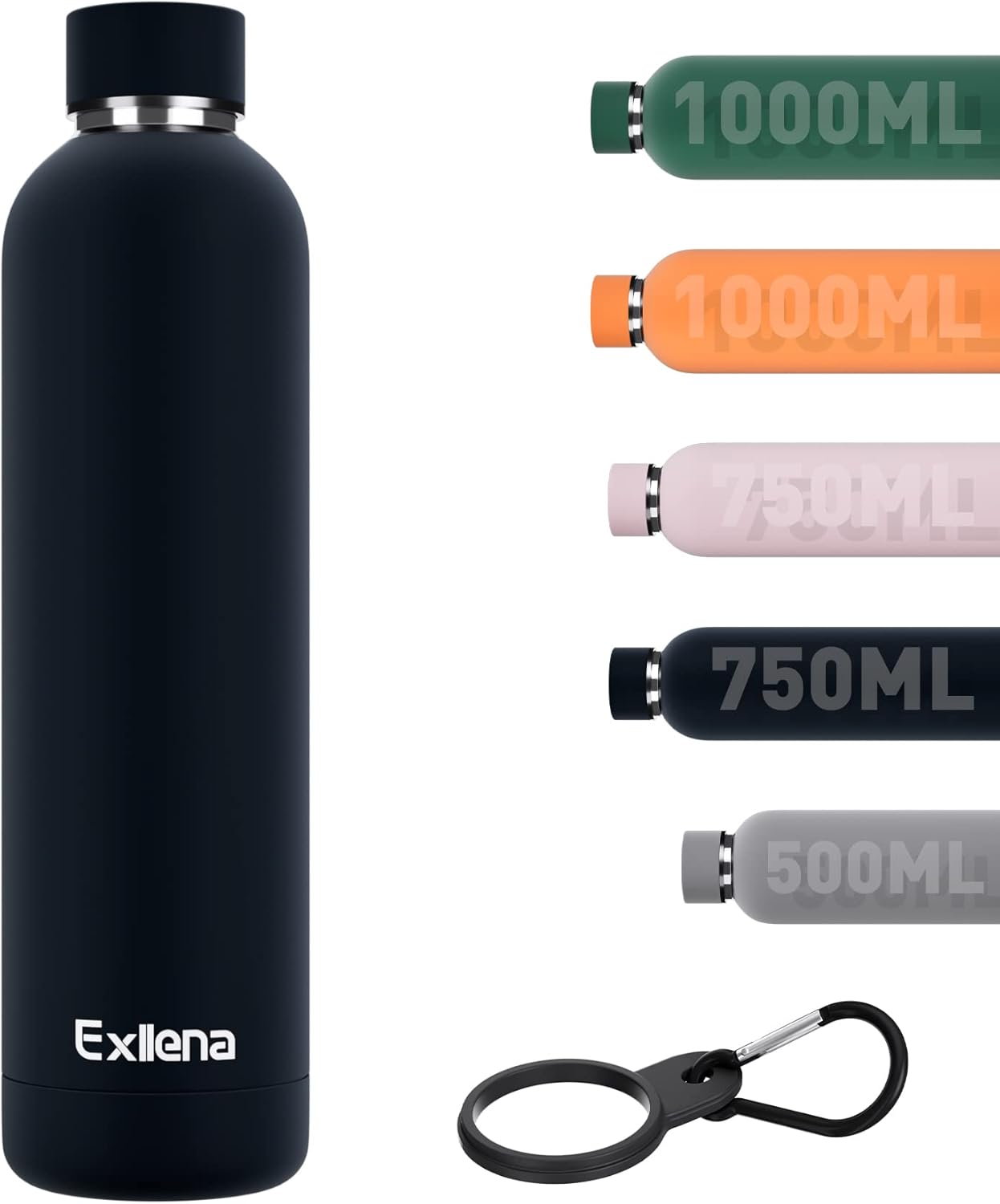 Exllena Slim Insulated Water Bottles for Travel 18oz with Clip, Double Wall Vacuum Stainless Steel Water Bottle Keeps Drinks Cold 24 Hrs/Hot 12 Hrs, 100% Leakproof, BPA Free(Black)