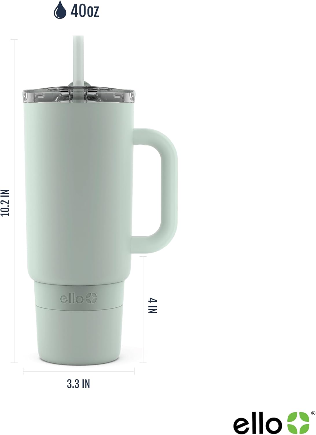 Ello Port 40oz Tumbler with Carry Loop & Integrated Handle, Vacuum Insulated Stainless Steel Reusable Water Bottle, Travel Mug with Leak Proof Lid & Straw, Perfect for Iced Coffee & Tea, White