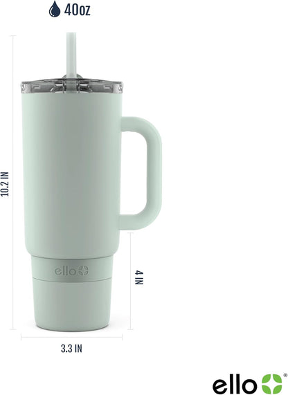 Ello Port 40oz Tumbler with Carry Loop & Integrated Handle, Vacuum Insulated Stainless Steel Reusable Water Bottle, Travel Mug with Leak Proof Lid & Straw, Perfect for Iced Coffee & Tea, White