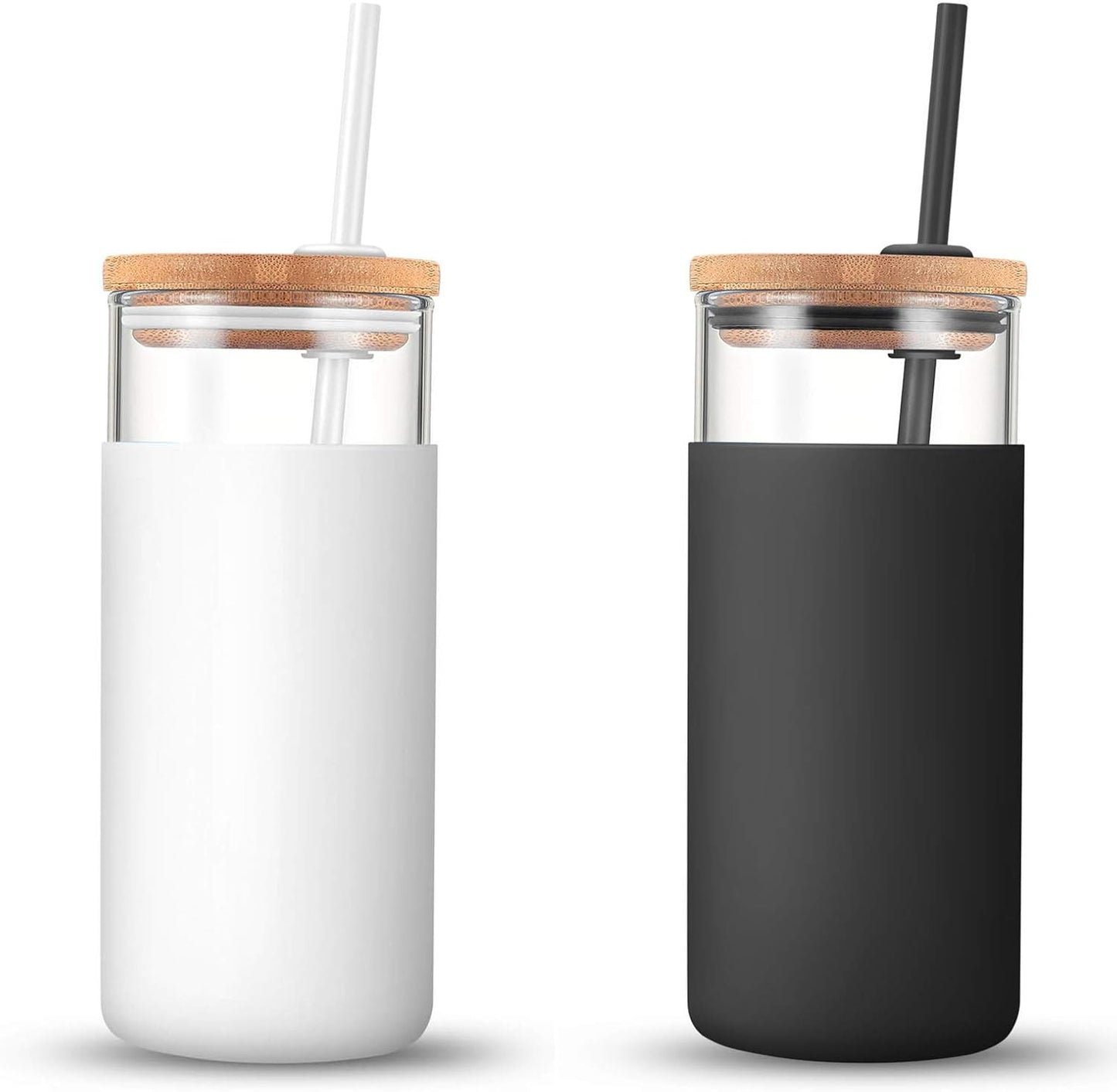 Tronco 20 oz Glass Tumbler with Lid and Straw, Iced Coffee Cup and Smoothie Cup with Bamboo Lids & Protective Silicone Sleeve, Dishwasher Safe, BPA-Free, Glass Cup 1 Pack - Colors B