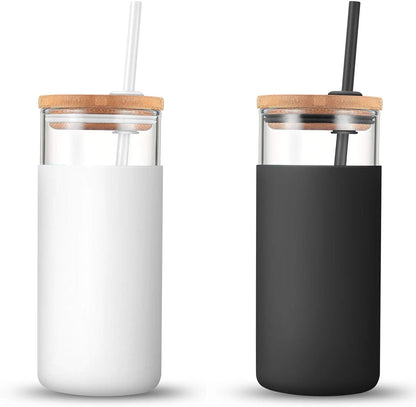 Tronco 20 oz Glass Tumbler with Lid and Straw, Iced Coffee Cup and Smoothie Cup with Bamboo Lids & Protective Silicone Sleeve, Dishwasher Safe, BPA-Free, Glass Cup 1 Pack - Colors B