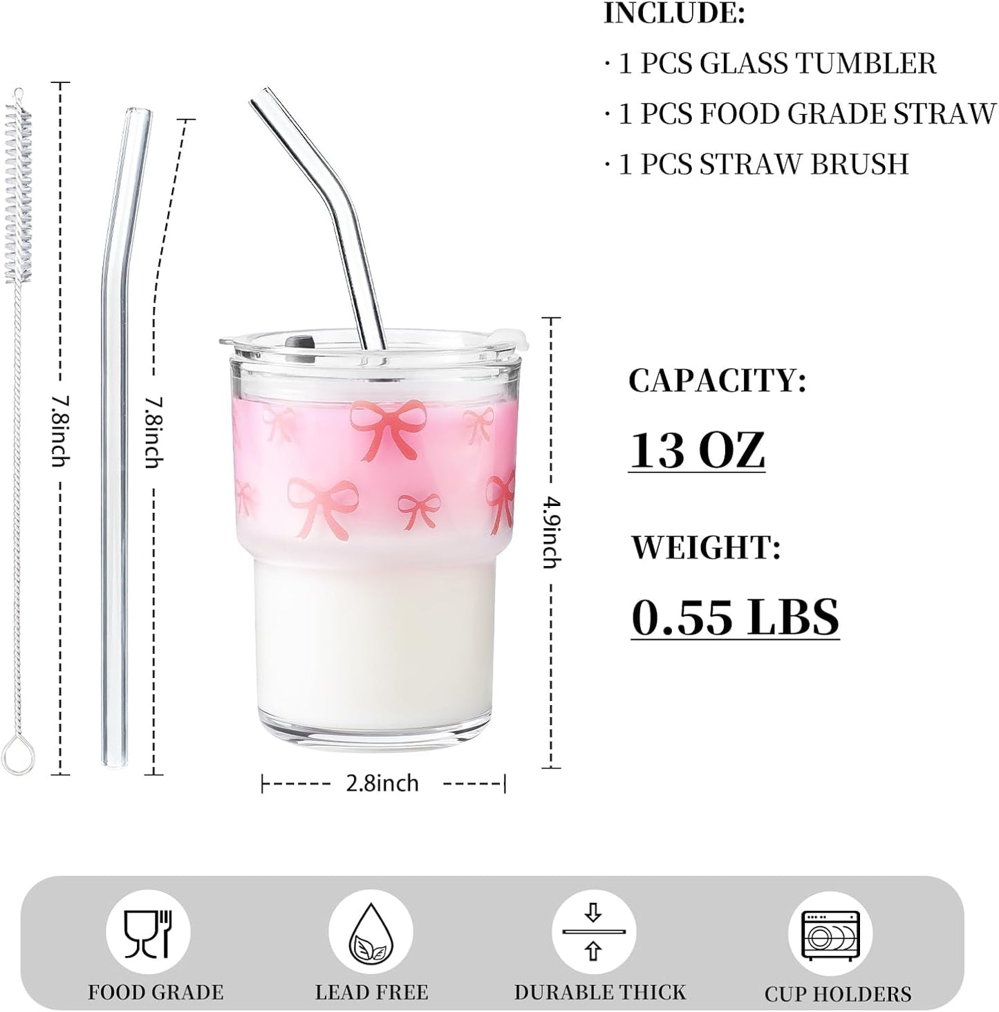 Olvini 13oz Glass Tumbler with Straw and Lid, Reusable Iced Coffee Cup Tumbler, Cute Glass Cups for Water, Matcha, Travel Coffee Mugs (Daisy)