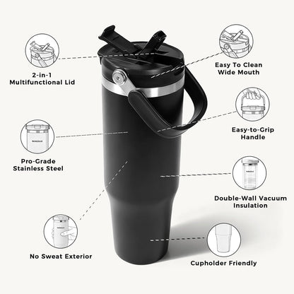 40 oz Insulated Stainless Steel Bottle with 2-in-1 Straw and Spout Lid, Water Bottle with Carry Handle Keep Cold 24H, Leak-Proof, Fits in Car Cup Holder, Travel, and School（off-White）