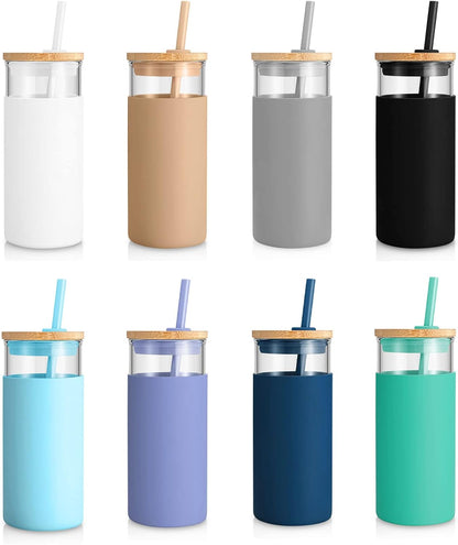 Tronco 20 oz Glass Tumbler with Lid and Straw, Iced Coffee Cup and Smoothie Cup with Bamboo Lids & Protective Silicone Sleeve, Dishwasher Safe, BPA-Free, Glass Cup 1 Pack - Colors B