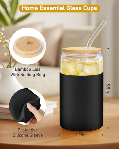 sungwoo 4PCS Glass Cups with Bamboo Lids and Straws, 16OZ Ice Coffee Cup, Drinking Cup set with Wooden Lids, Home Essential Glass Tumblers for Beer, Cocktail, Tea and Latte Clear