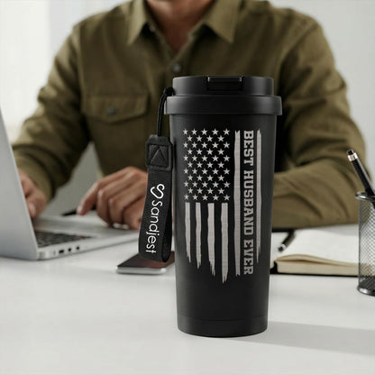 SANDJEST American Flag Tumbler - Stainless Steel 2-in-1 Lid Coffee Tumbler 18 oz, Patriotic Insulated Travel Mug Gift for Men Husband Dad, Birthday Christmas