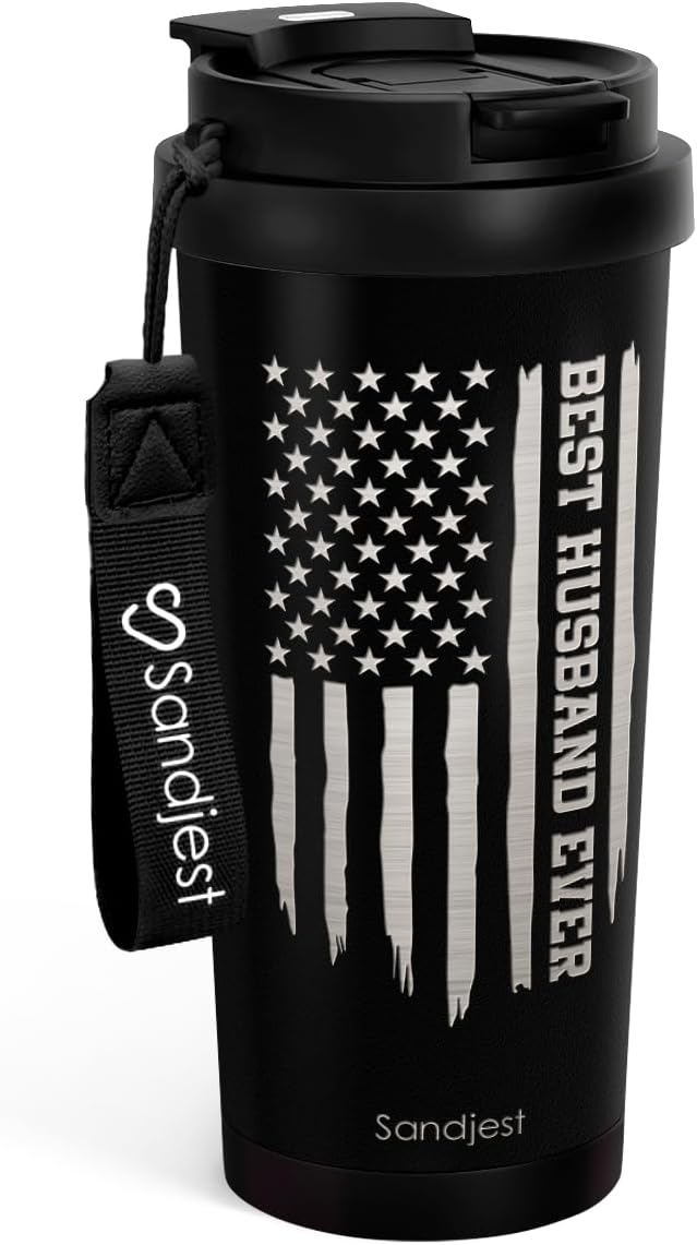 SANDJEST American Flag Tumbler - Stainless Steel 2-in-1 Lid Coffee Tumbler 18 oz, Patriotic Insulated Travel Mug Gift for Men Husband Dad, Birthday Christmas