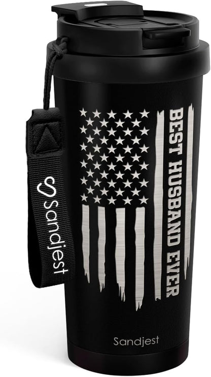 SANDJEST American Flag Tumbler - Stainless Steel 2-in-1 Lid Coffee Tumbler 18 oz, Patriotic Insulated Travel Mug Gift for Men Husband Dad, Birthday Christmas