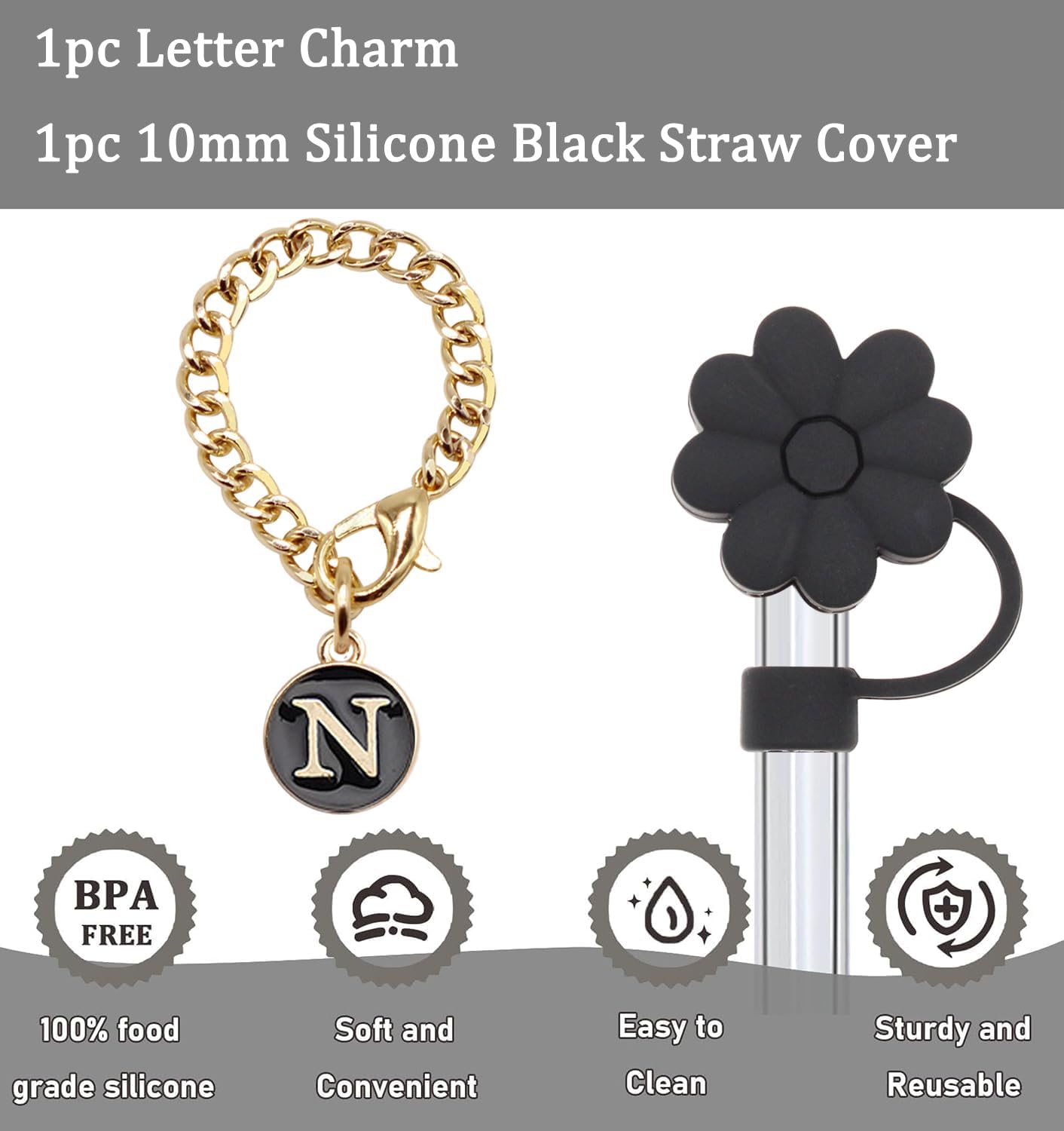Stanley Cup Accessories, 1pc Flower Stanley Straw Cover Silicone Straw Topper for Stanley 30&40 oz Tumbler with Handle and 1pc Initial Letter Charm for Stanley Cup (Letter D)