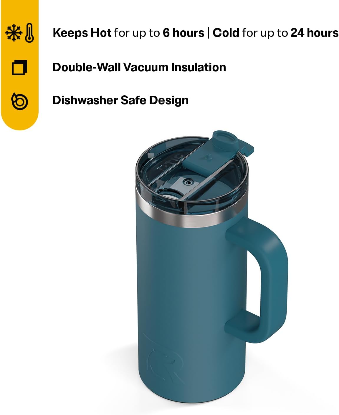 RTIC 20oz Road Trip Travel Mug with Lid and Handle, Ceramic Lined, Insulated, Stainless Steel, Metal, Double Wall Vacuum-Insulation, Portable Coffee, Tea Cup for Hot and Cold Drink, Black