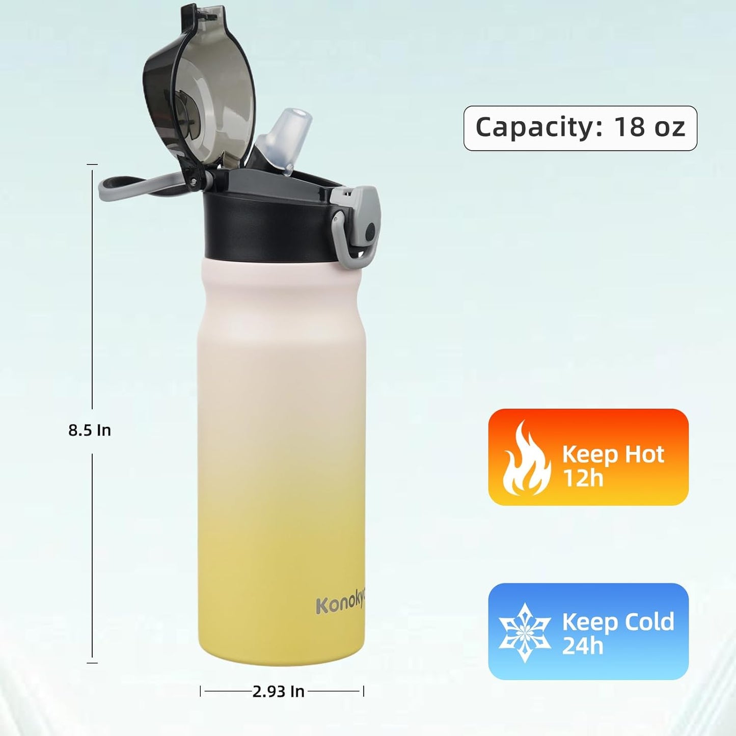 Konokyo 18 oz Insulated Water Bottle with Straw Lid, Stainless Steel Vacuum Sports Water Bottle, Leak-Proof Reusable Metal Flask with Carry Loop, BPA-Free Travel Bottle for Gym, School, Office