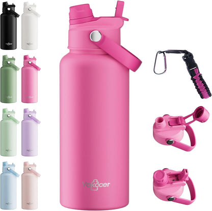 26oz Insulated Water Bottle with 2-in-1 Straw and Spout Lid, 304 Stainless Steel Water Bottle Keep Cold for 24H,Leak-Proof,Sports Water Bottle with Braided Carry Strap for Gym,Travel,Outdoors,Black