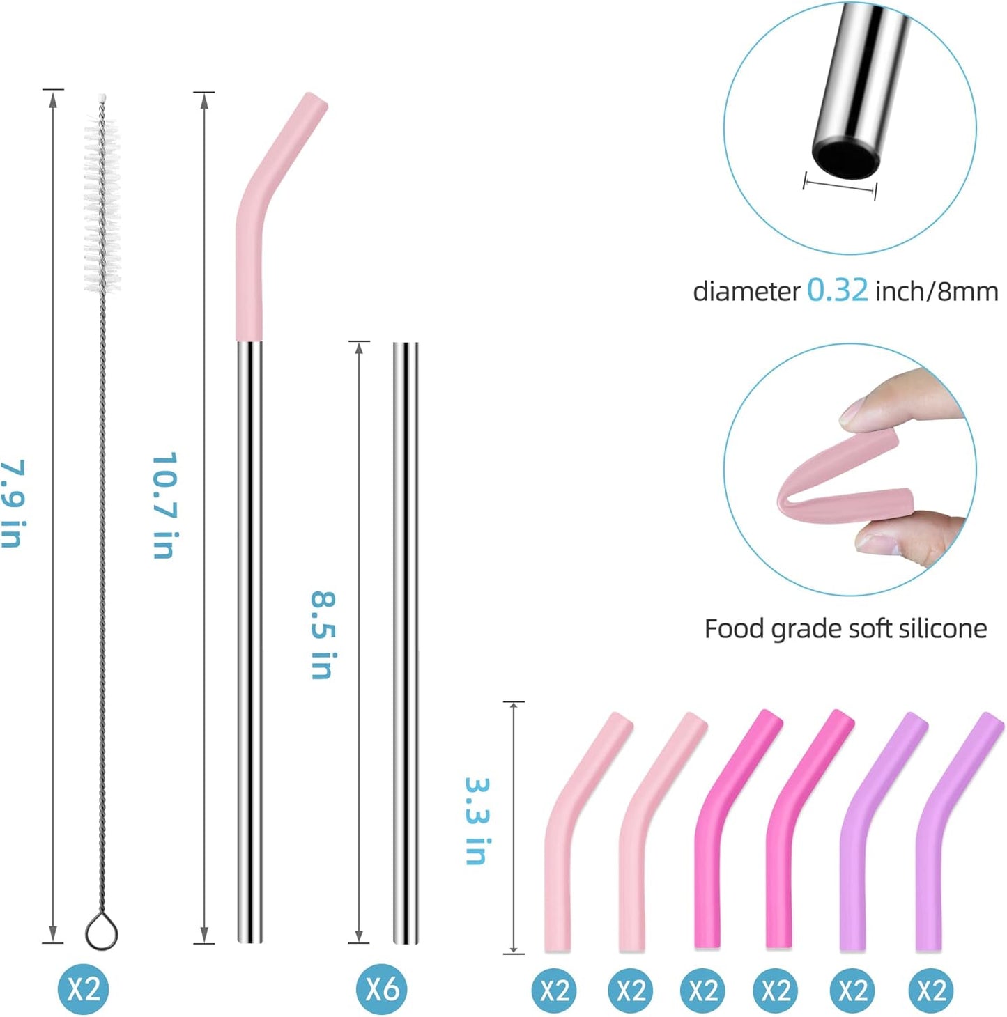 40 oz Stainless Metal Straws for 40 oz Stanley Tumbler, 6Pcs Reusable Straight Long Steel Straws with 12 Silicone Tips and 2 Straw Cleaning Brushes (6Color1, 40oz)