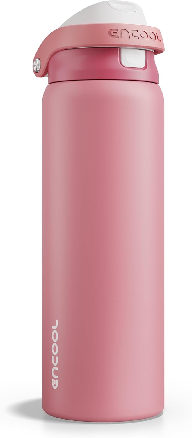 ENCOOL Leakproof Insulated Water Bottle with Straw Dual-Sip Water Bottle Bag-Safe Design for Work, Commute & Gym – Keeps Drinks Cold All Day, 24 oz, Lemonade Pink - Colors A