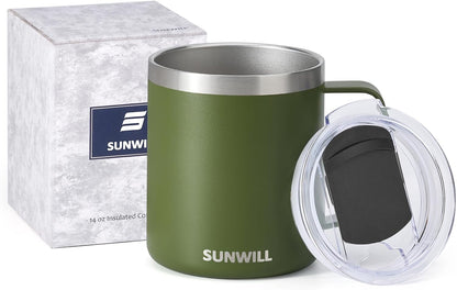 SUNWILL Travel Coffee Mug with Lid, Insulated Tumbler with Handle, 14 oz Stainless Steel Cup for Ice, Water, Tea, Rose Gold
