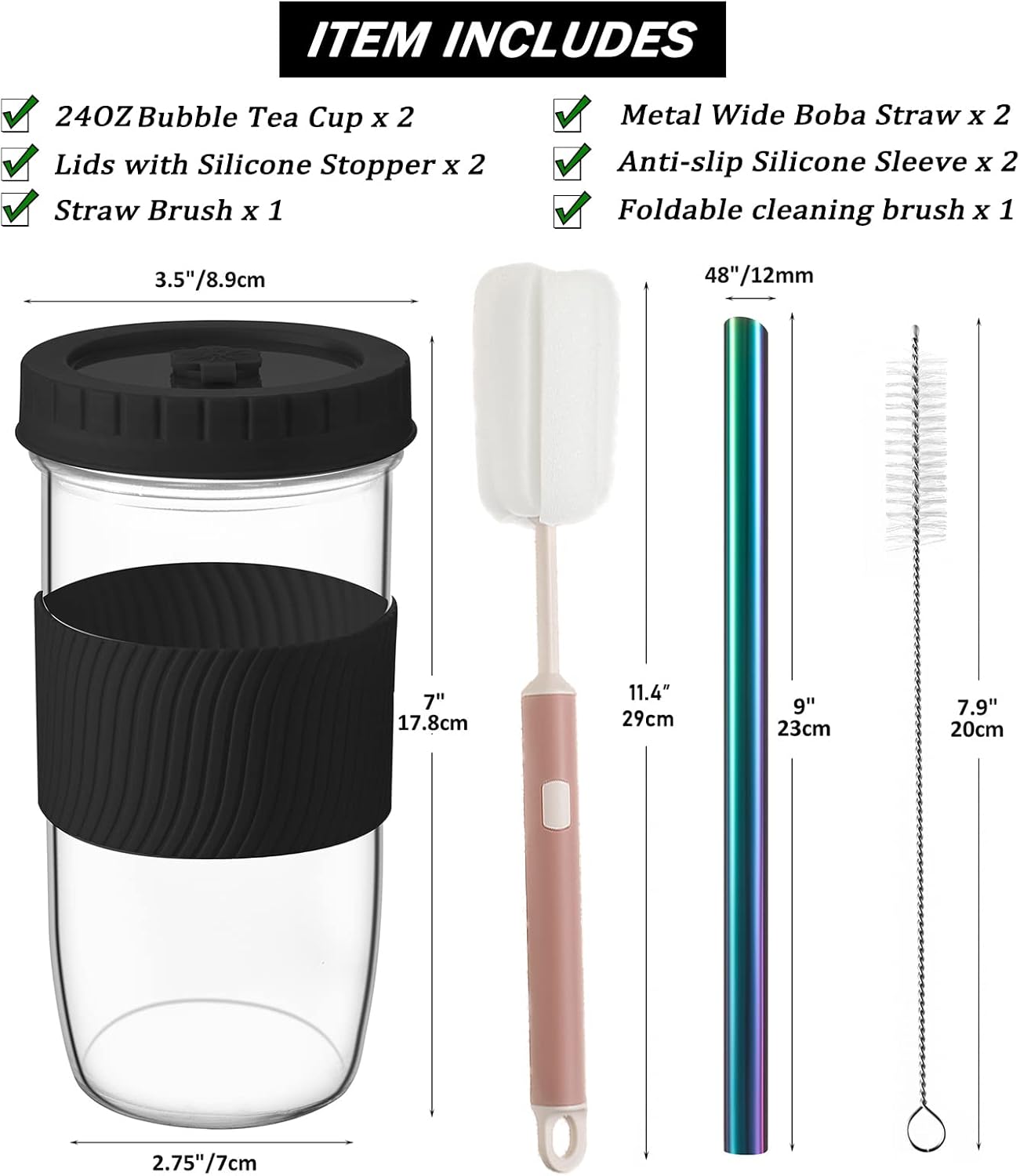 Amyoole 2 Pack Reusable Boba Cup, 24Oz Wide Mouth Smoothie Cup,mason Jar Glass Cups with Lids and Straws,Bubble/Boba Tea Cups,Ice Coffee Tumbler 2 colored straws 1 sponge brush(Pink)