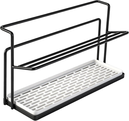 Water Bottle 2 Tier Water Bottle Drying Rack with Drain Tray, Space Saving Metal Cup Holder for Countertop, Compact Kitchen Organizer for Tumblers, Glasses, Mugs and Bottles (Black)