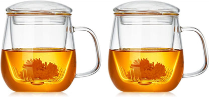 DOPUDO Glass Tea Cup with Infuser and Lid, 17.6oz/520ml Large Borosilicate Teacup,Tea Glass, Clear Mug for Loose Leaf Tea, Blooming Tea, Microwave & Dishwasher Safe - Tea Maker Gift for Birthday.