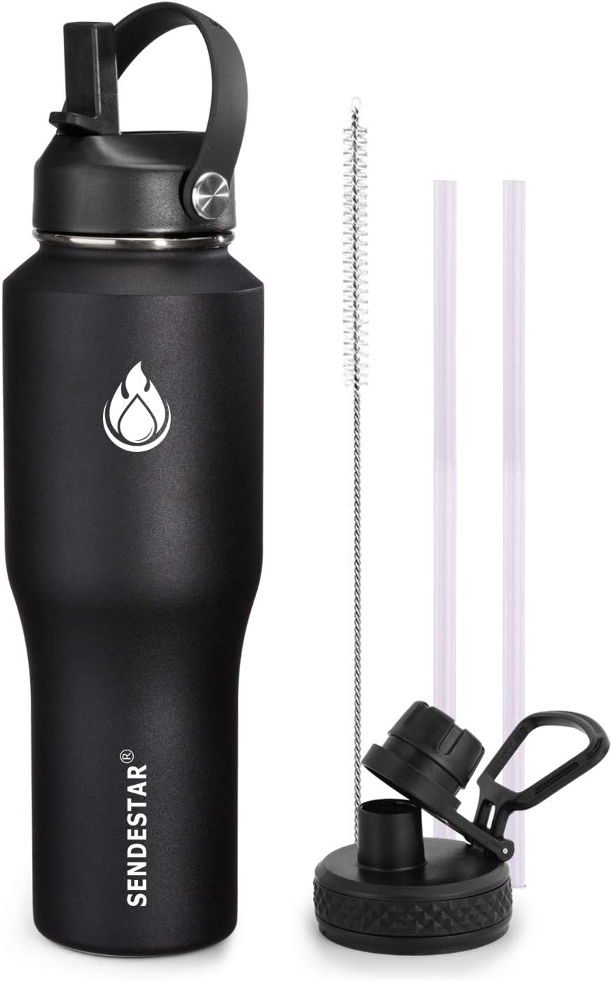 SENDESTAR 40oz Water Bottle Wide Mouth Stainless Steel Vacuum Insulated Double Wall with Straw Lids Fit in Any Car Cup Holder