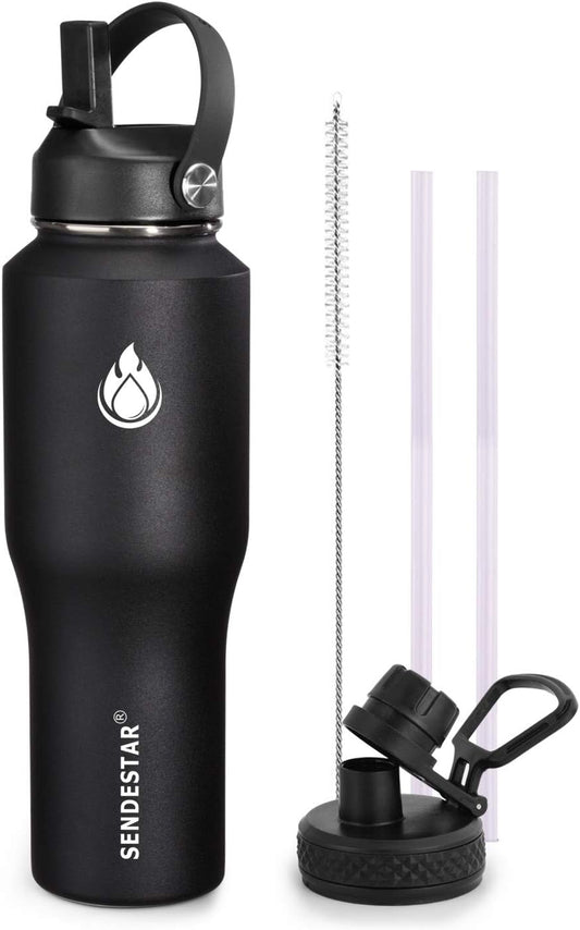 SENDESTAR 40oz Water Bottle Wide Mouth Stainless Steel Vacuum Insulated Double Wall with Straw Lids Fit in Any Car Cup Holder