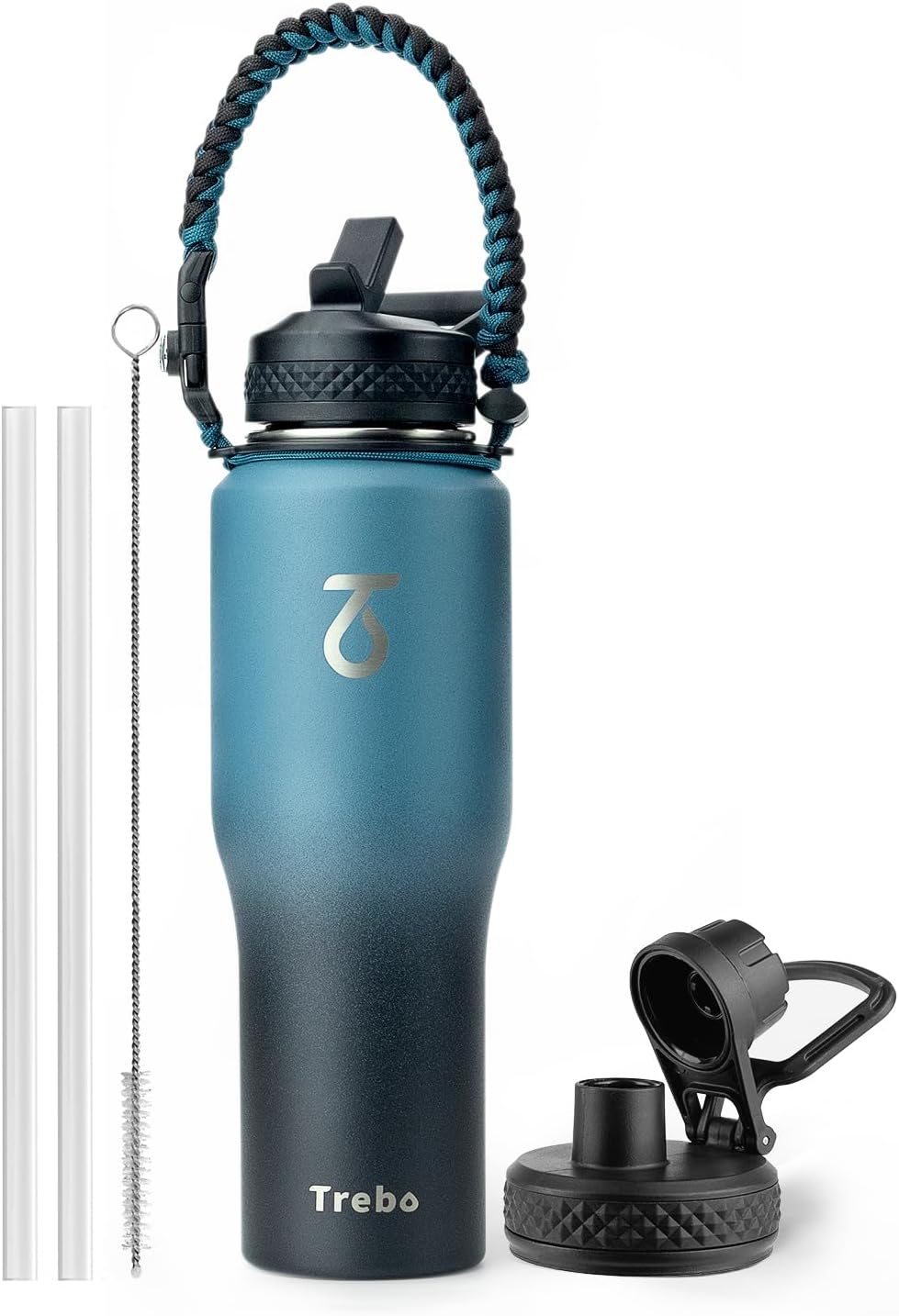 Trebo 40 oz Water Bottle Insulated Fit Car Cup Holder with Handle, Stainless Steel Water Bottles Tumbler with Spout Straw Lids, Double Wall Travel Reusable Flask, Leakproof Mug,Keep Cold &Hot,Black