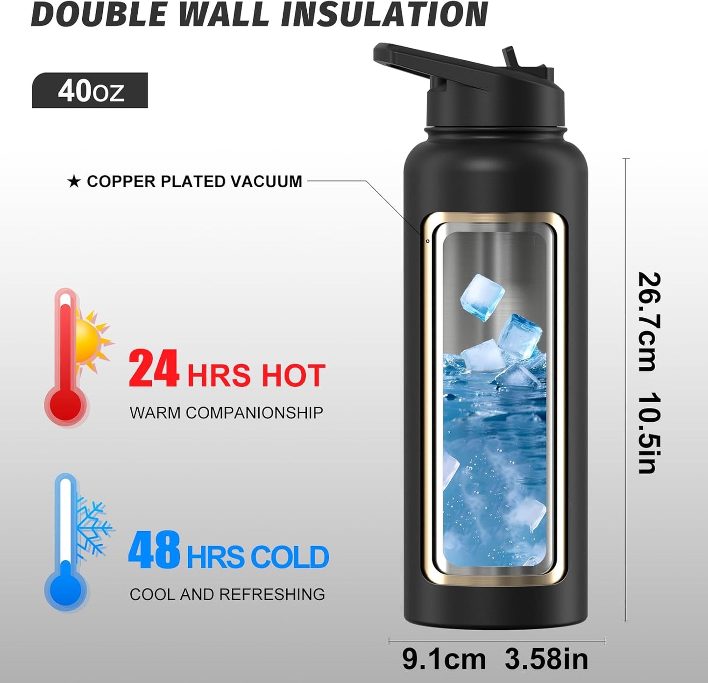 40oz Insulated Water Bottle (Cold for 48 Hrs),BPA Free&Leak Proof,Stainless Steel Water Flask,Water Jug with Straw Spout Lids for Gym,Hiking,Travel,Black Blue