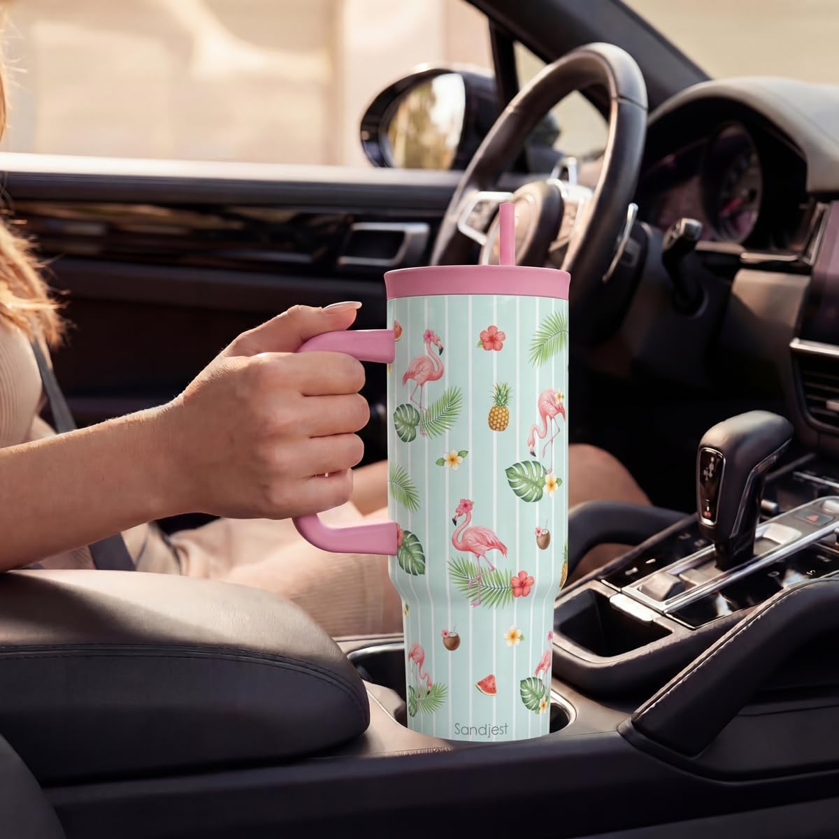 SANDJEST Pickleball Stainless Steel Locking Lid Silicone Straw Tumbler with Handle 40oz, Insulated Stainless Steel Travel Cup for Women Girls Friends Players, Gift Idea for Birthday Christmas