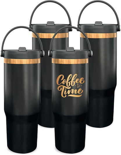 30 oz Tumbler Bulk with Handle and Straw, Vacuum Insulated Tumblers with Flip Straw and Top Handle, Leakproof Powder Coated Tumbler, Stainless Steel Travel Mug for Coffee (Black, 1 Pack)