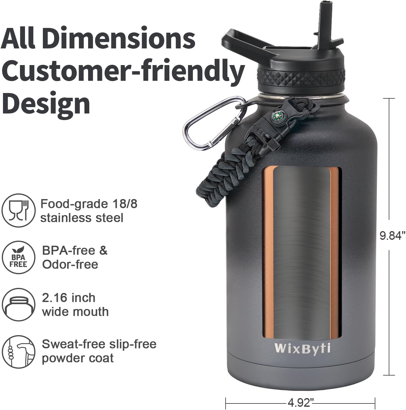 WixByti 40 oz Insulated Water Bottle with Straw (Cold for 36 Hrs), Stainless Steel Triple Wall Vacuum Sports Water Jug, Leakproof Hydro Cup Flask with Paracord Handle & Straw Spout Lids & DIY Stickers