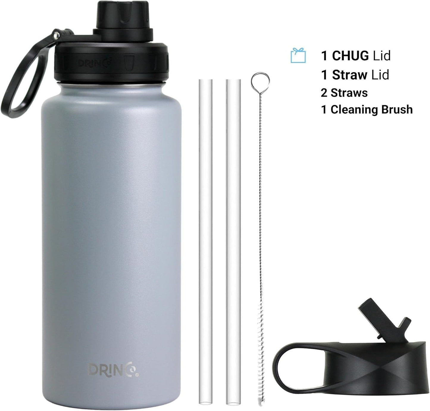 Drinco Stainless Steel Water Bottle Spout Lid Vacuum Insulated Double Wall Water Bottle Wide Mouth (40oz 32oz 22oz 18oz 14oz) Leak Proof Keep Cold Sport Camping Hiking (22 oz, 22oz Black)