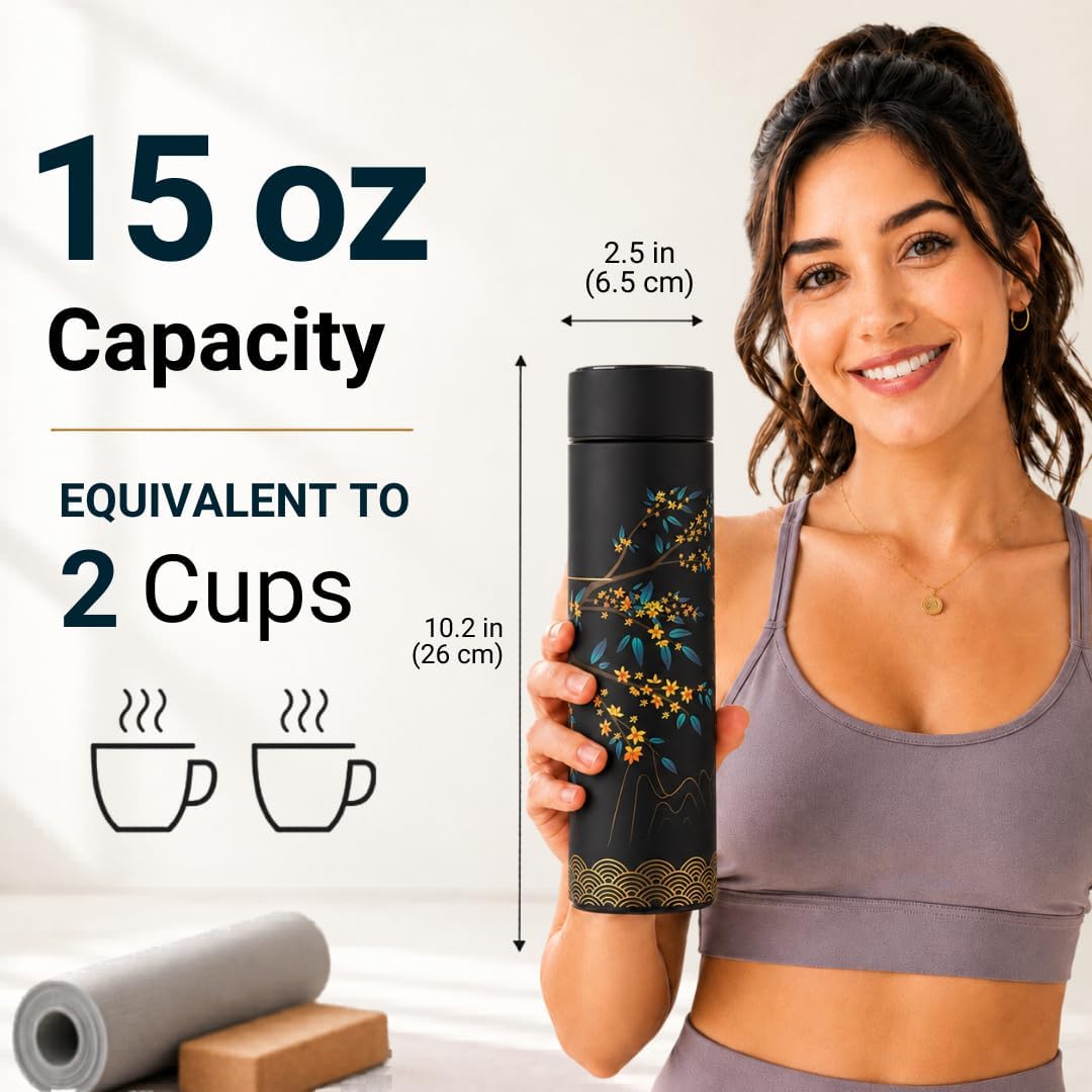Farasi Tea Infuser for Loose Leaf Tea Smart Water Bottle with Temperature Display, Stainless Steel Insulated Coffee and Fruit Tea Infuser Bottle - Green Floral Travel Tea Mugs 15 oz