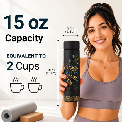 Farasi Tea Infuser for Loose Leaf Tea Smart Water Bottle with Temperature Display, Stainless Steel Insulated Coffee and Fruit Tea Infuser Bottle - Green Floral Travel Tea Mugs 15 oz