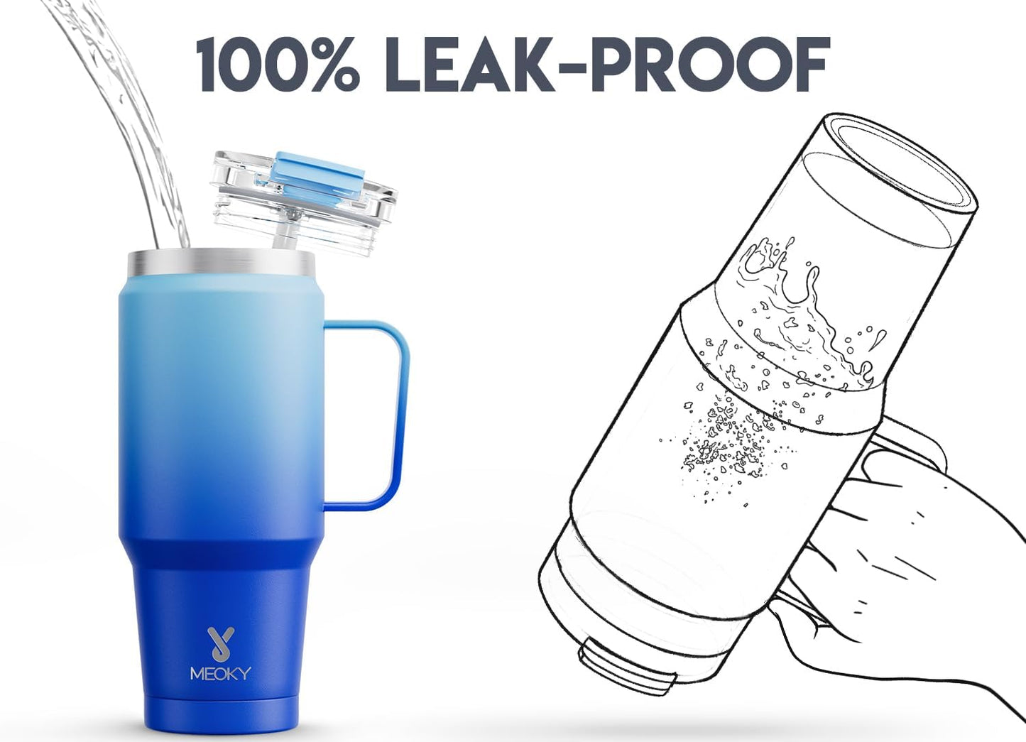 Meoky 32oz Tumbler with Handle, Stainless Steel Travel Mug with 2-in-1 Straw and Sip Lid, Vacuum Insulated Coffee Mug, 100% Leak Proof, Keeps Cold for 24 Hours or Hot for 8 Hours (Sky)