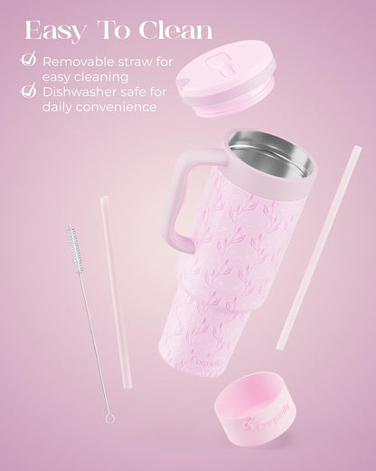 40 oz Insulated Tumbler with Handle and Push-Button Straw Lid, Stainless Steel Travel Cup for Gym Office, Leakproof, BPA-Free, Cup Holder Friendly, Bow Silicone Boot, Purple (Light Lilac)