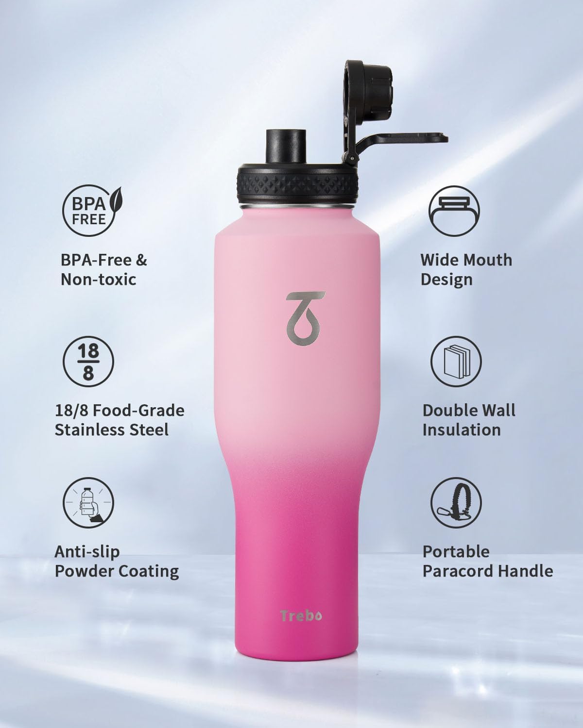 Trebo 40 oz Water Bottle Insulated Fit Car Cup Holder with Handle, Stainless Steel Water Bottles Tumbler with Spout Straw Lids, Double Wall Travel Reusable Flask, Leakproof Mug,Keep Cold &Hot,Black