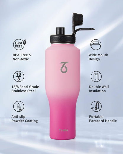 Trebo 40 oz Water Bottle Insulated Fit Car Cup Holder with Handle, Stainless Steel Water Bottles Tumbler with Spout Straw Lids, Double Wall Travel Reusable Flask, Leakproof Mug,Keep Cold &Hot,Black