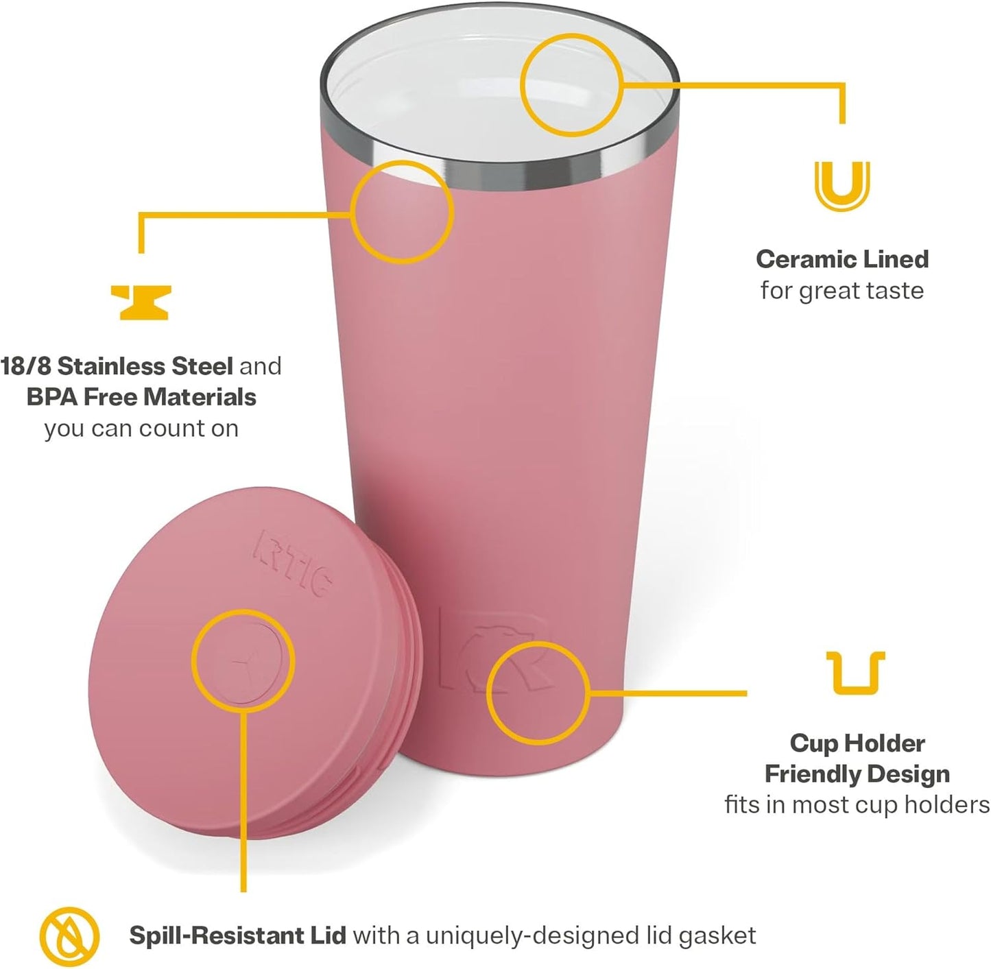 RTIC 20oz Everyday Tumbler Insulated Stainless Steel Portable Travel Coffee Cup with Straw, Ceramic Lining, Spill-Resistant Lid, BPA-Free, Hot and Cold Drink, Beach