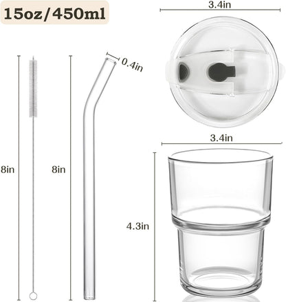 15oz Iced Coffee Cups with Lids Reusable,2Pcs Glass Matcha Cups,Glass Cups with Lids and Straws,Clear Glass Coffee Tumbler for Drinking Water,Tea,Juice