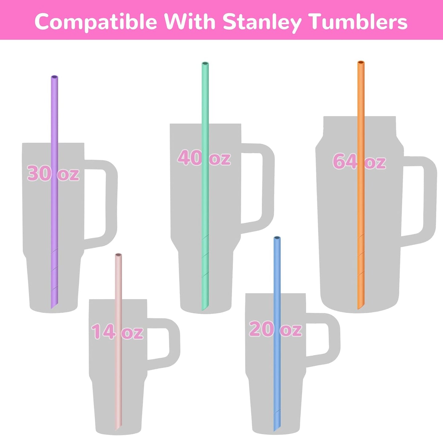 NiHome 14PCS Silicone Straws Fit for Stanley 40oz 30oz Tumbler, 14” Extra Long Reusable Drinking Straw, Flexible Can Cut Length for 1/Half Gallon 75 64 OZ Large Water Bottle - 2 Brushes (Rainbow)