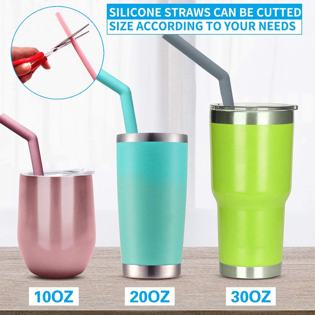 Set of 10 Large Reusable Silicone Straws Pink Thick Smoothie Silicone Drinking Straws with Cleaning Brushes- Extra Long Flexible -For 20oz 30oz and 40oz Tumblers BPA Free Non Rubber