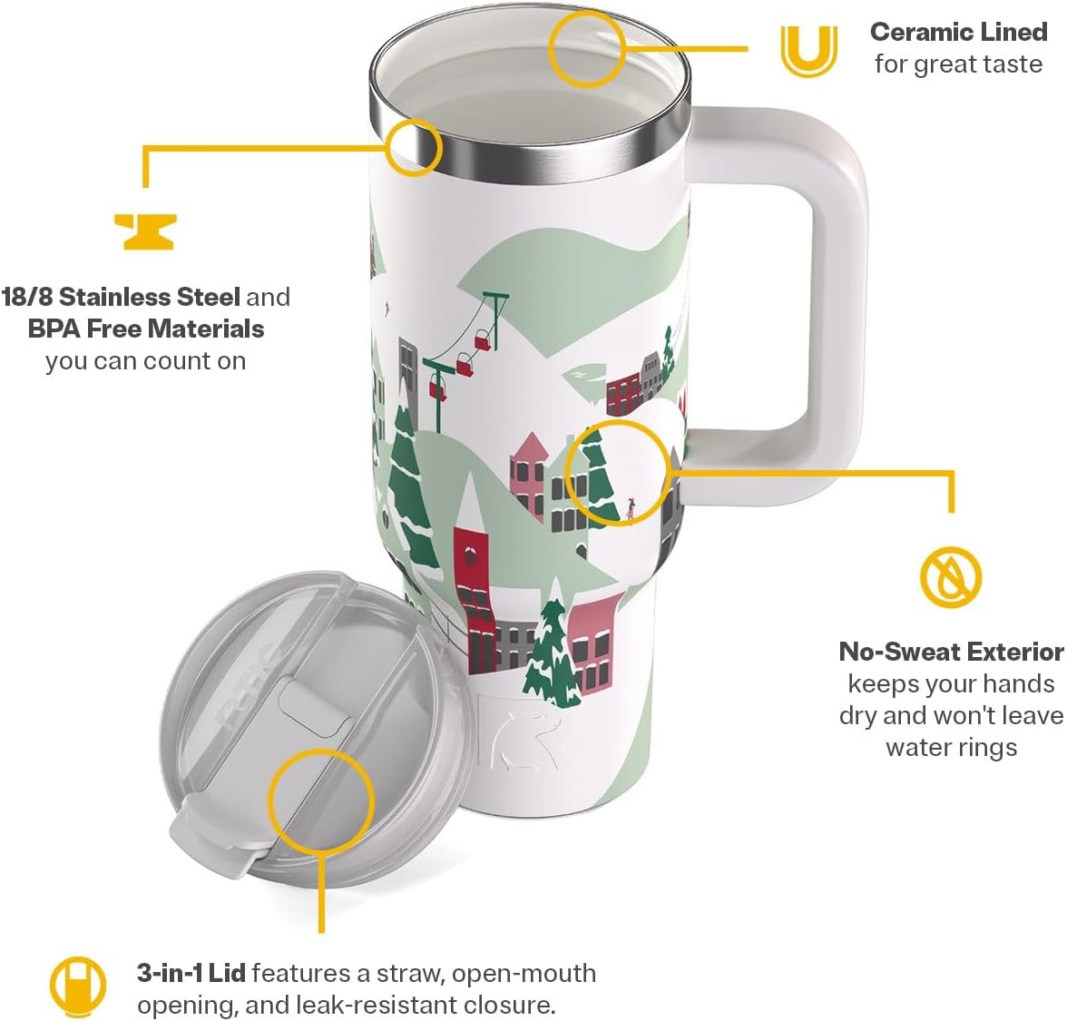 RTIC 30 oz Road Trip Tumbler Double-Walled Ceramic Lined InsulatedStainless Steel Portable Travel Coffee Mug Cup with Lid, Handle and Straw, Periwinkle Bouquet
