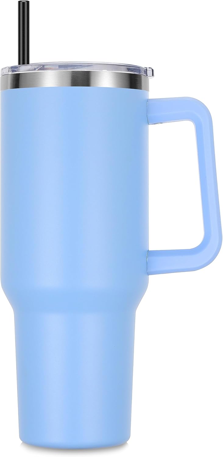 DOMICARE 40 oz Tumbler with Handle and Straw, Stainless Steel Tumbler with Lid and Straw, Reusable Vacuum Insulated Cup, Travel Coffee Mug, Blue, 1Pack