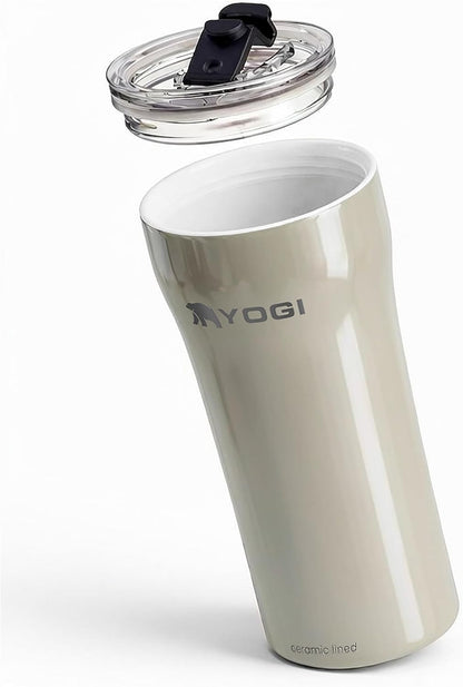 YOGI Ceramic Lined Metal Allergy Safe 16oz Coffee Tumbler with Leakproof Lid BPA Free Vacuum Insulated Stainless Steel Cupholder Friendly Travel Cup for Coffee and Water Sandstone