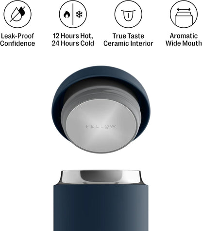 Fellow 12 oz Carter Wide Travel Mug - Wide Mouth Vacuum-Insulated Stainless Steel Coffee Mug - Tea and Coffee Tumbler with Ceramic Interior - Matte Black